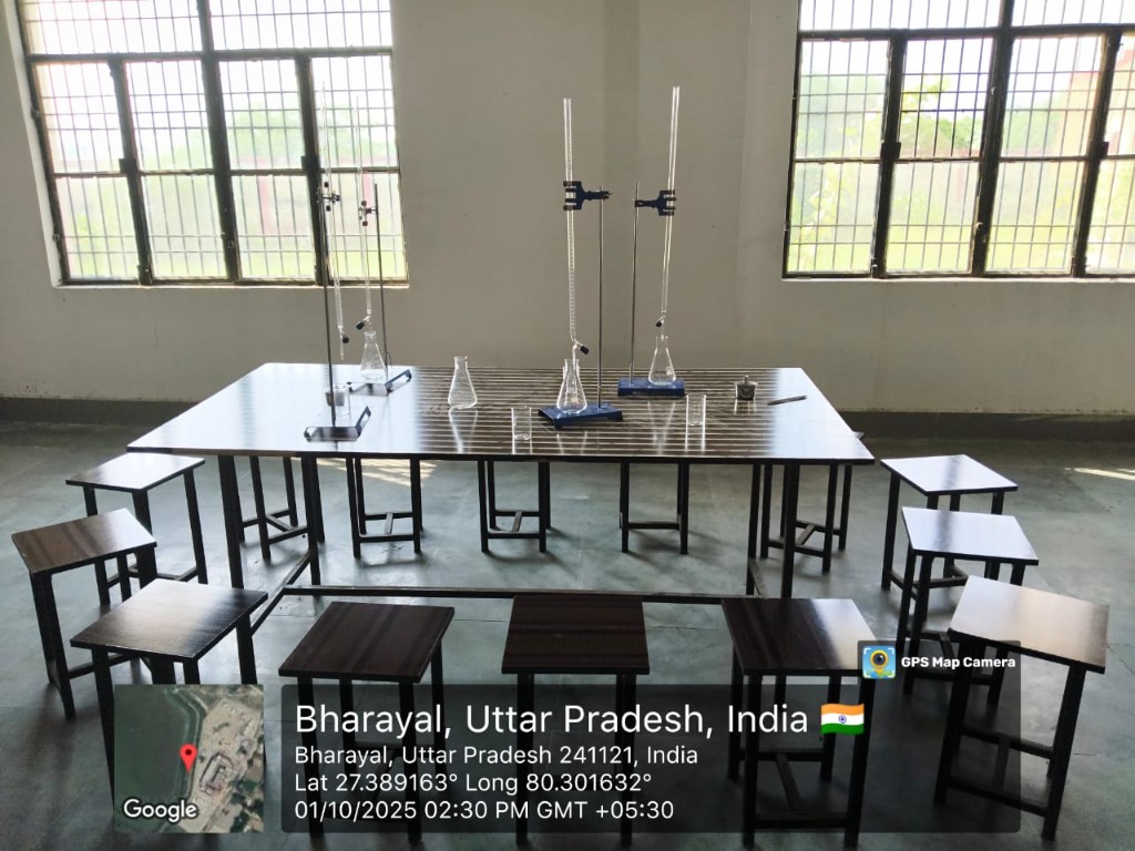Chemistry lab with burettes and glassware on work tables